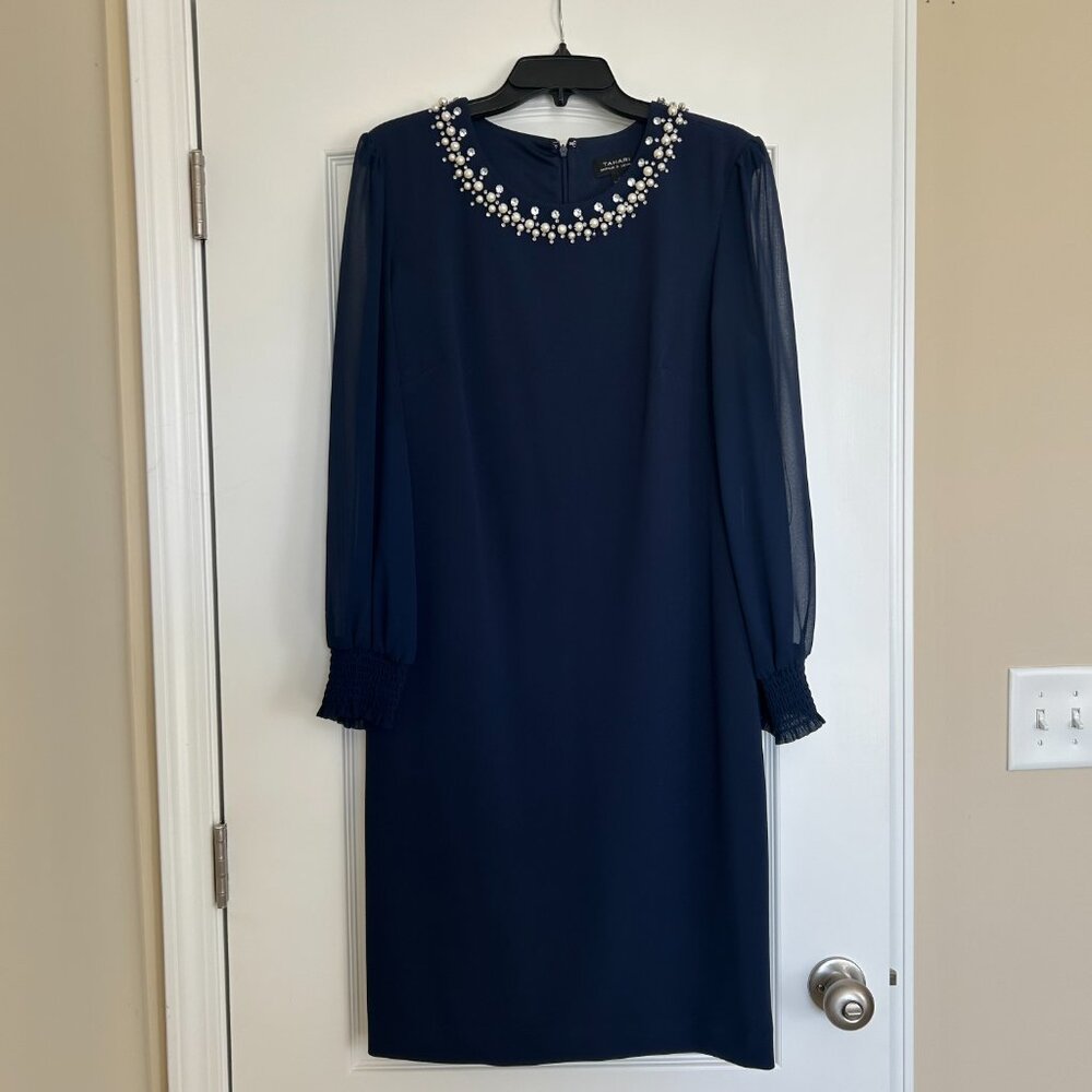 Tahari Arthur S Levine Navy Beaded Neck Dress